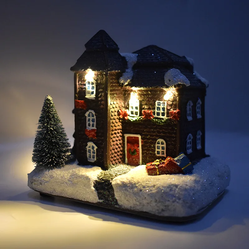 

Christmas Decoration Colorful Flashing LED Light Snow Houses for Home New Year Kids Gift Resin Christmas Snow Houses
