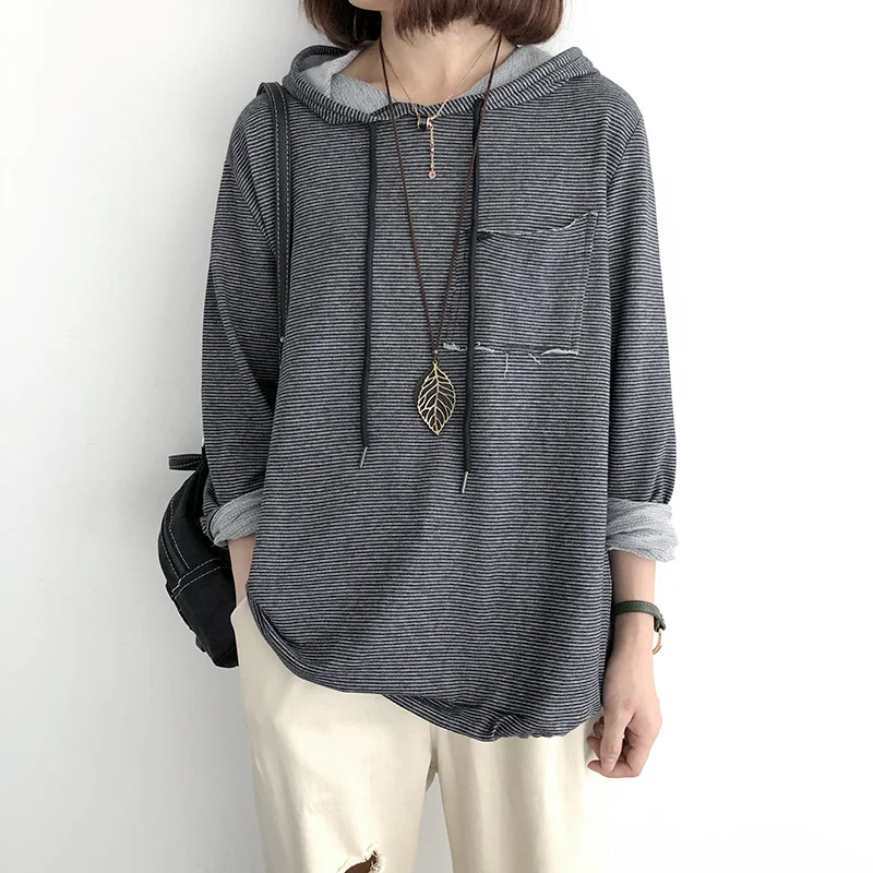 Autumn Casual Women Stripe Shirt Cotton Hooded Long Sleeve Spring Thin Pockets Loose Female Fashion Blouse YoYiKamomo