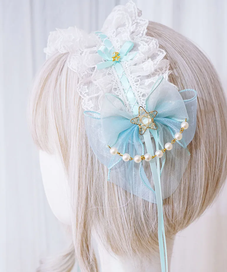 

Mint Cloud Sweet Handmade Headwear Bow Hairband KC Hair Ribbon Organza Lace Headband Lolita Original Design Cute
