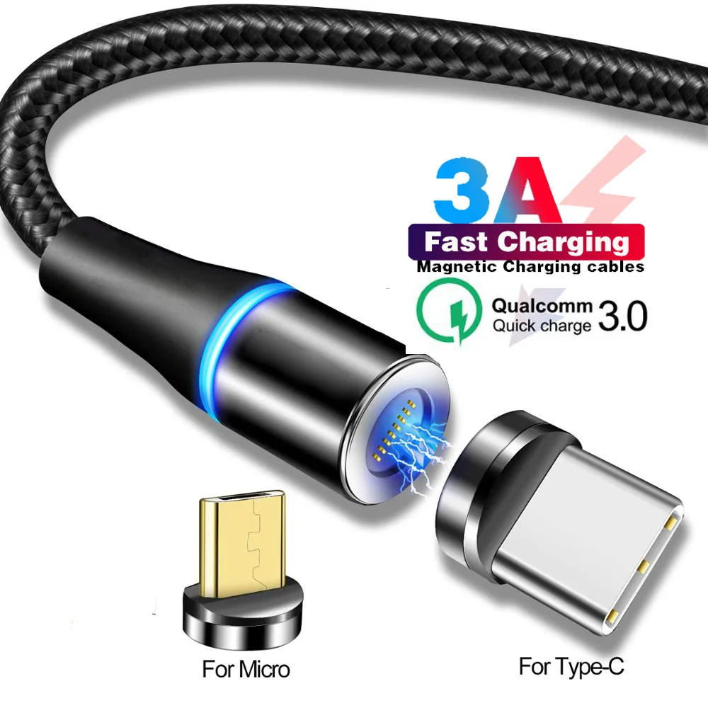 Магнитный кабель быстрой зарядки QC 3 0 9 В А светодиодный Micro USB Type C лента быстрая