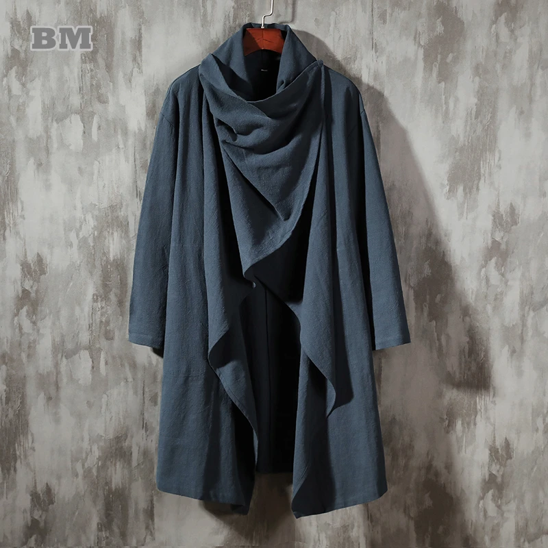 Chinese Traditional Dress Plus Size Cotton Linen Windbreaker Retro Long Cloak Men Tibetan Clothing Oversized Hanfu Male