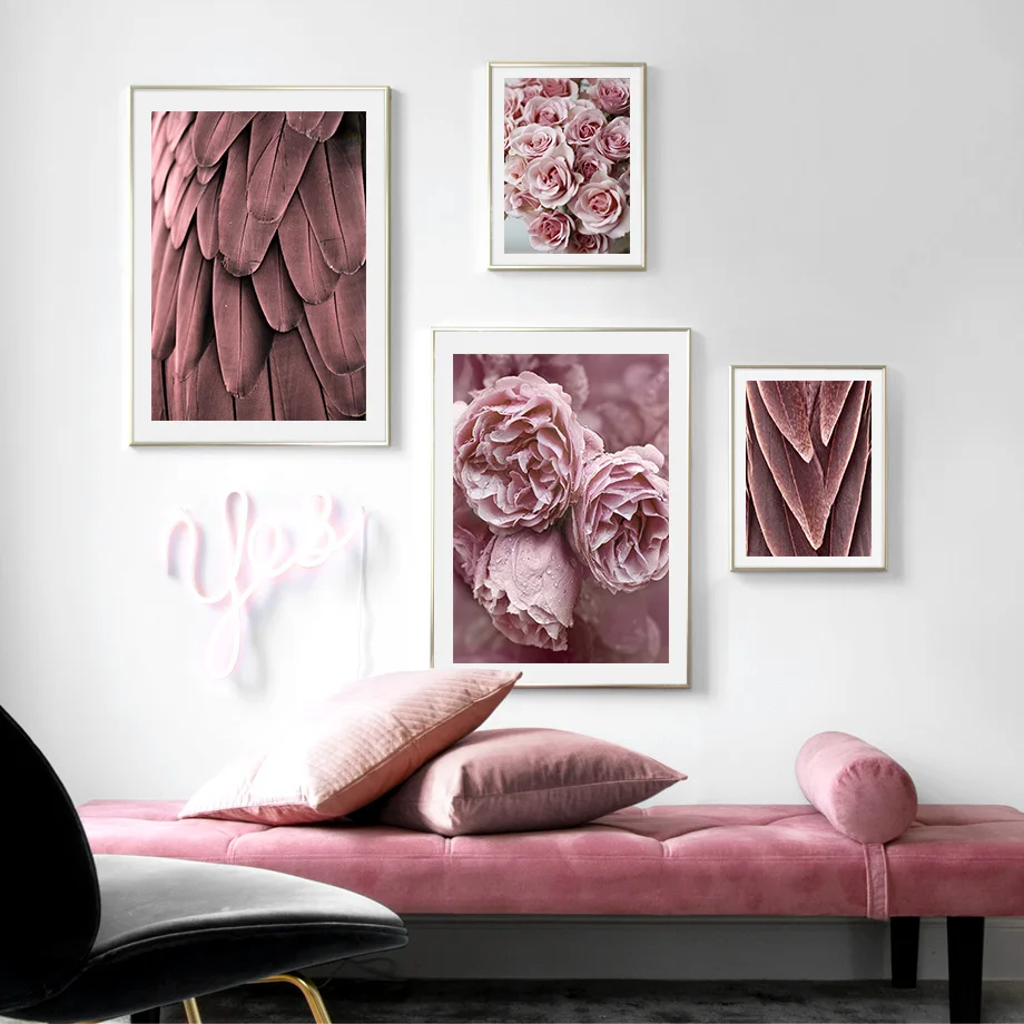 Scandinavian-Fashion-Pink-Flower-Feather-Nordic-Posters-And-Prints-Wall-Art-Canvas-Painting-Wall-Pictures-For