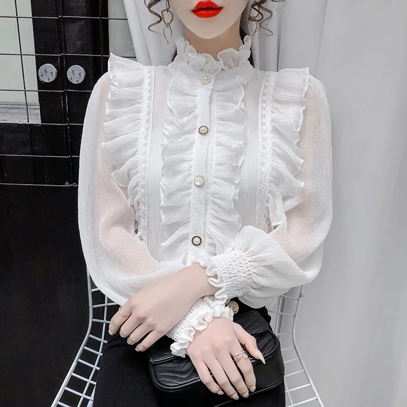 

Женская шифоновая блузка с оборками, длинным рукавом и воротником-стойкой