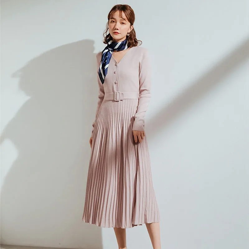 Autumn Winter New Retro Button Knitted Pleated Sweater Dress Women Long Sleeve Pink Black A Line Striped Bodycon Vestidos Mujer | Женская