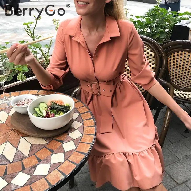 BerryGo ТРАПЕЦИЕВИДНОЕ женское Повседневное платье с рюшами, женское офисное платье с поясом, женское платье с отложным рукавом три четверти, весенне-летнее платье