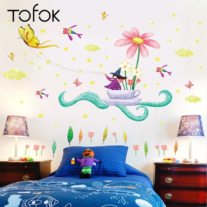 

Tofok Flying Witch Flowers Home Wall Sticker Removable Home Living Room Bedroom Creative Wallpaper Decoration Dorm Office Decal