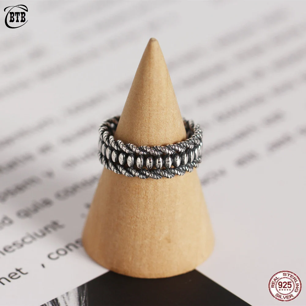 

Vintage 925 Sterling Silver Twist Geometric Oval Beads Wide Lady Rings Female Open Adjustable Rings For Women Bijoux