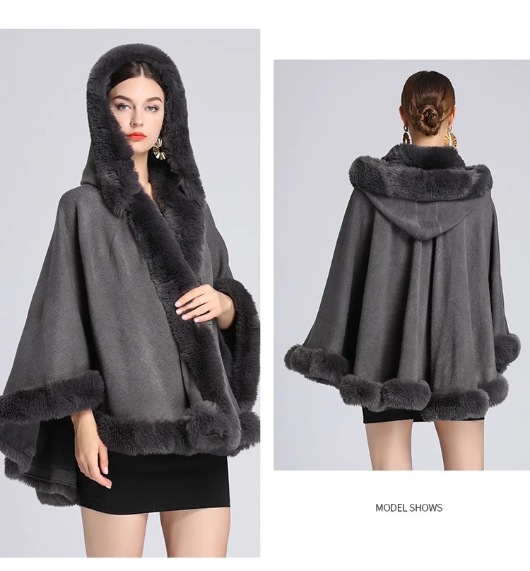 2021 Winter Women Poncho Big Faux Fur Collar Long Tassel Cape Thick Warm Faux Woolen Plus Velvet Outside Coat With Hat