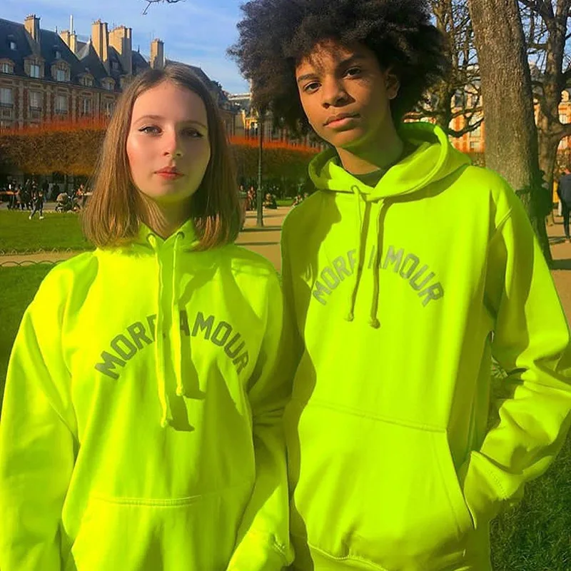 BOOFEENAA Fashion Reflective Letter Print Neon Green Oversized Hoodies Sweatshirt Streetwear Women