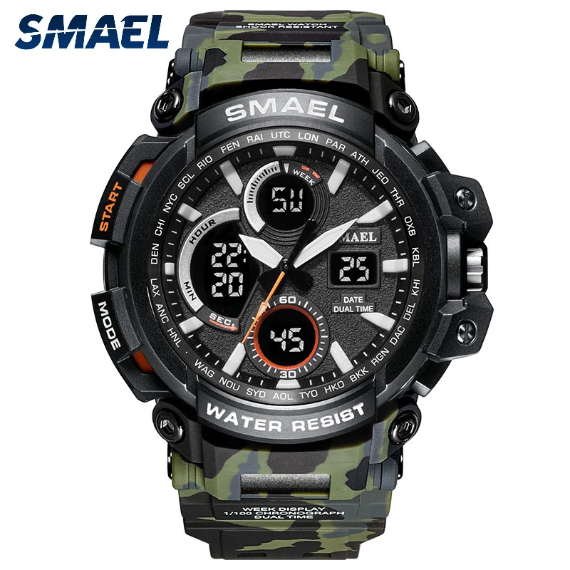 

SMAEL Sport Watch Men Waterproof LED Dual Display Camouflage Military Watch Male Clock Relogio Digital Analog Quartz Watch 1078B