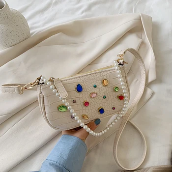 

FANTASY 2020 Newest Colorful Crystal Imitation Pearls Handbags For Women Stone Crocodile Pattern Shoulder Crossbody Bag Fashion