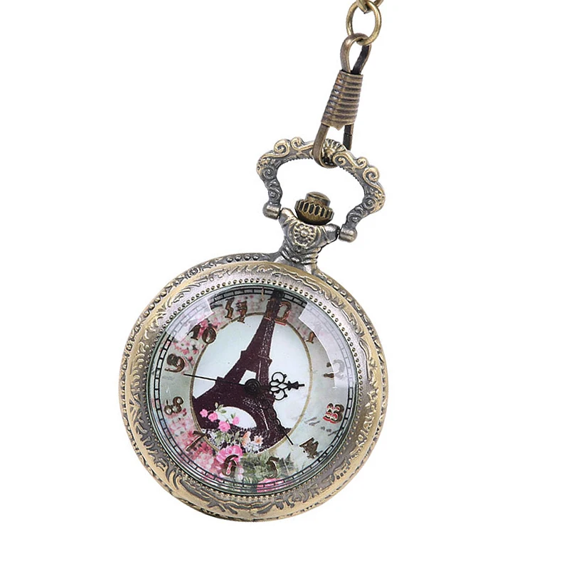 

Quartz pocket watch large Carved Exquisite Flower Pattern Transparent Lid Eiffel Tower White Surface Pocket Watch with Chain