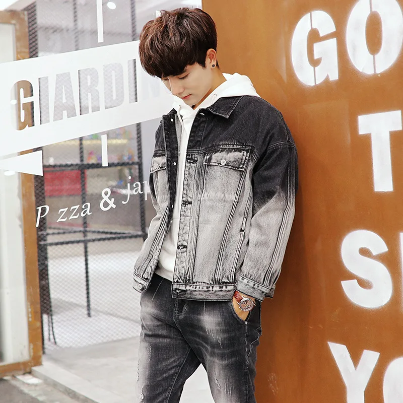Autumn men's masculine Denim suit 2 pieces black gradient denim jacket coat slim oversized jean jackets men windbreaker Cardigan | Мужская