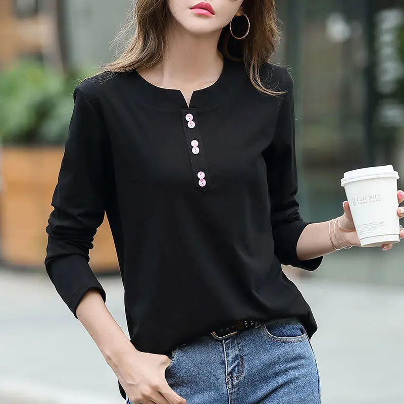 2021 100% Cotton T Shirt Woman Spring Fashion Long Sleeve Shirt V Neck Woman T-shirt Loose Korean Style Plus Size Women Shirts t shirt oversize