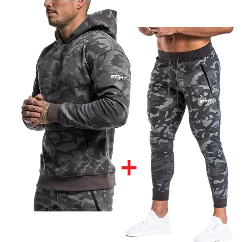 gray hoodies pants Спортивные костюмы для мужчин/женщин, фирменные костюмы для фитнеса, осенний мужской комплект с длинным рукавом, камуфляжные толстовки+ штаны, спортивный костюм для спортзала и бега - Цвет: gray hoodies pants