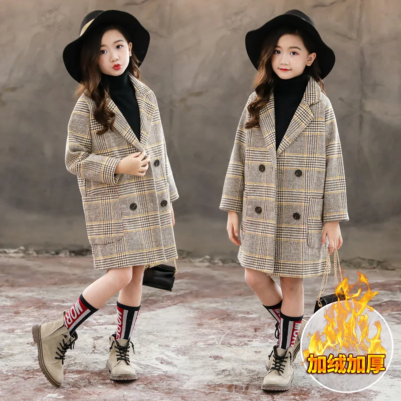 

2020 New Style Girls' Wool Coat Children's Garment Cotton-Padded Autumn and Winter Style Medium-Length Plaid Plaid Woolen Coat