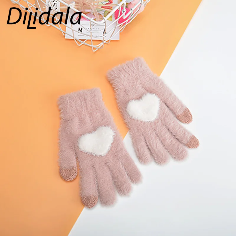 Dilidala, новинка, перчатки для любви, женские, зимние, теплые, сенсорный экран, кроличья шерсть, пять пальцев, милые, милые, для студентов, для девочек, плюшевые, вязаные перчатки