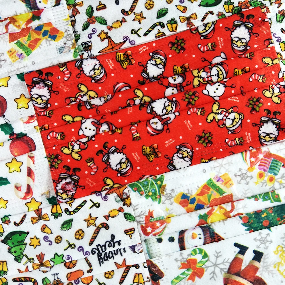 10/20/50/100/200/300pcs 얼굴 마스크 Unisex 일회용 얼굴 커버 크리스마스 인쇄 입 마스크 3 레이어 부직포 성인 패브릭 마스크