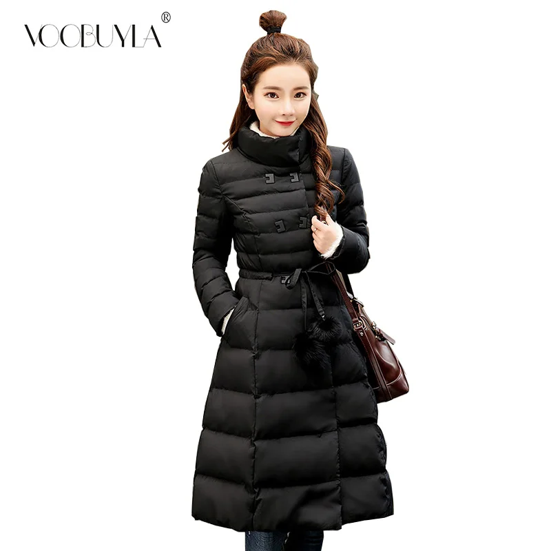 Voobuyla Long Jacket Women Parka 2019 Skirt Slim Waist Pompom Slashes Winter Cotton Padded Coat Thicken Stand Parkas | Женская одежда