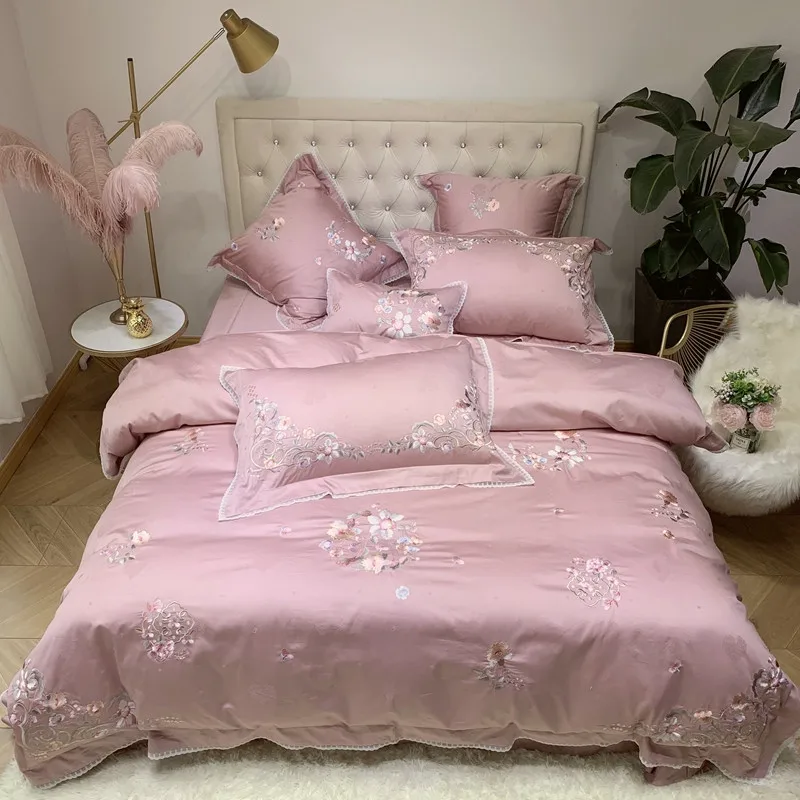 4/7pcs 800tc Egyptian Cotton Pink Flowers Embroidery Bedding Set Duvet
