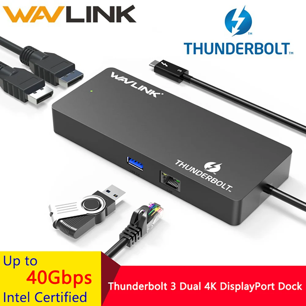 Док станция Wavlink Thunderbolt 3 USB C Dual 4K @ 60Hz DisplayPort 5K с 0 Gigabit Ethernet для ноутбука Macbook