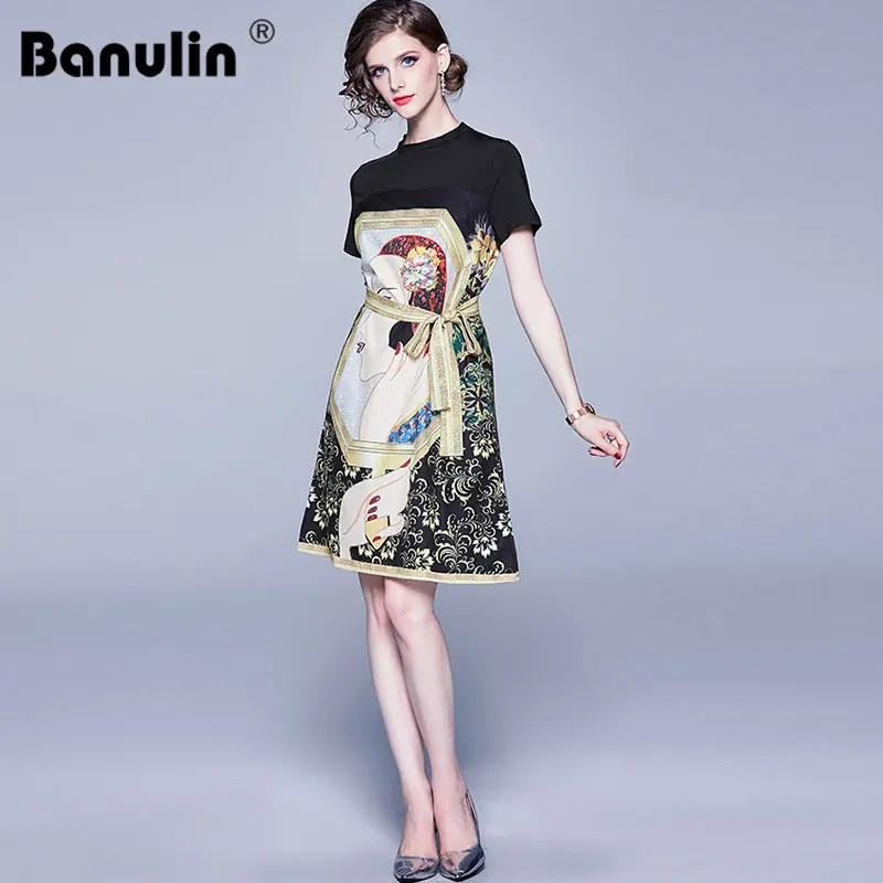 Banulin модное подиумное весенне-летнее платье женские с коротким рукавом великолепные цветочные персонажи печатные винтажные свободное с пояском платья
