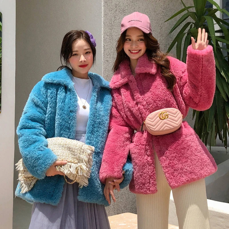 Корейские розовые длинные куртки-Тедди для девочек, пальто, зима, Пушистый Жилет из искусственной мерлушки, пальто, утепленная куртка, уличные пальто, верхняя одежда