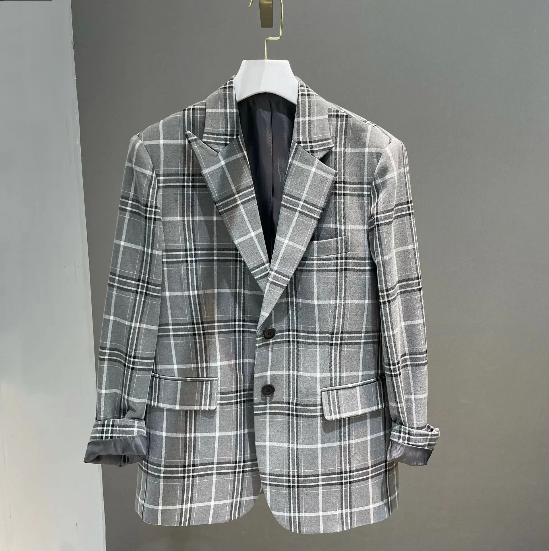 

2021 spring and autumn new suit fashion temperament gray plaid casual suit collar long sleeve jacket women