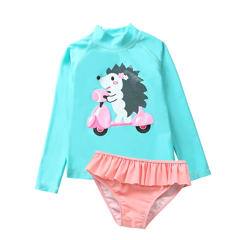 green Hedgehog Купальный костюм с фламинго, г., комплект из 2 предметов для девочек, детский пляжный комплект из купальной рубашки с длинными рукавами и шорт - Цвет: green Hedgehog