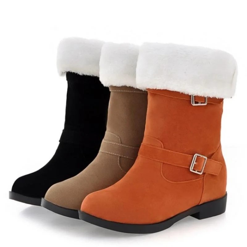 Haoshen& Girl/женские зимние ботинки на плоской подошве; теплые плюшевые ботинки до середины икры с двойной пряжкой; модная женская обувь на плоской подошве; Размер 9