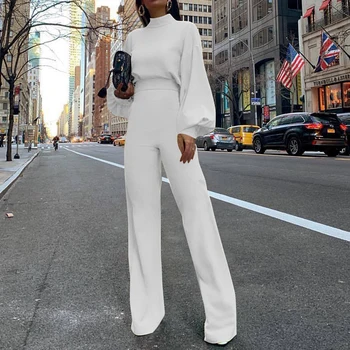 

Autumn Women Office Lady Backless Pure Jumpsuit Long Sleeve Empire Solid Wide Leg Pants Overalls Loose Jumpsuits Elegant GV182