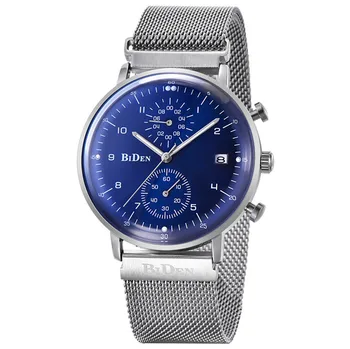 

Mens watches BIDEN relojes mujer quartz watches date display stainless steel mesh band waterproof chronograph wristwatch 0075