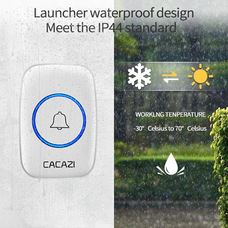 Водонепроницаемый беспроводной дверной звонок CACAZI с дистанционным управлением на 300 м, кнопка для домашнего звонка, звонок с разъемом США, ЕС, Великобритании, беспроводной приемник