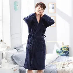 Темно-синий мужской теплый фланелевый Халат-кимоно, ночная рубашка, повседневный мягкий халат, удобная одежда для сна, домашняя одежда