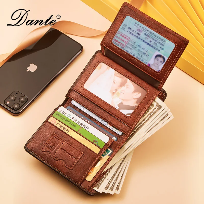 Dante Men's Leather Wallet RFID Anti-theft Brush Head Layer Cowhide Retro Casual Vertical Multi-Function Money Bag Money Clips 4
