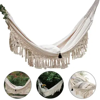 

New Large 2 Person Hammock Boho Style Brazilian Macrame Fringed Deluxe Double Hammock Net Swing Chair Indoor Hanging Swing
