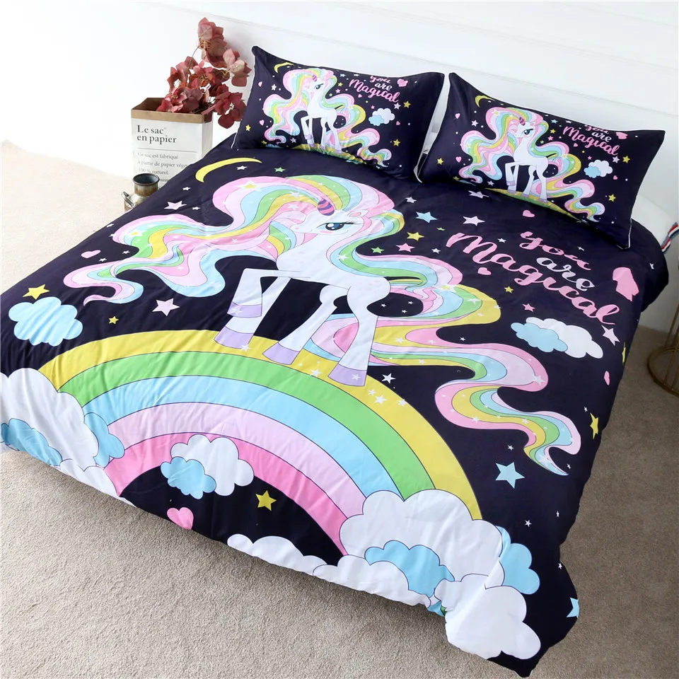 

HM Life Bedding Sets Magical Unicorn Rainbow Hair Printed Duvet Cover Set Colorful Cartoon for Kids Moon Star 3Pcs Bedclothes