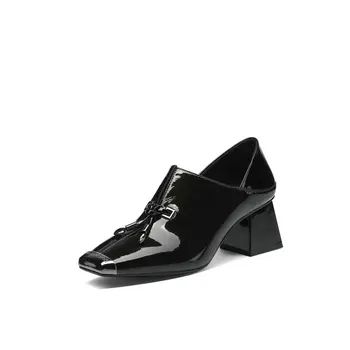 

Natural Cow Leather Woman Shoes Classic Fashion Lace-up High Heel Women Shoes Square Toe Thick Heel Pumps