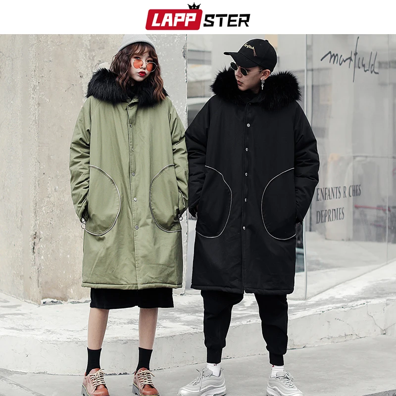 LAPPSTER Мужская Уличная зимняя куртка, длинное пальто, женская черная меховая парка в стиле хип-хоп с карманами, корейская модная дизайнерская куртка с капюшоном