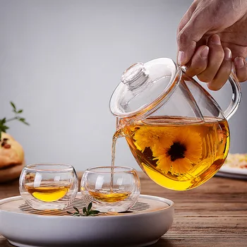 

Heat Resistant Glass Tea Pot And Cup Set Chinese Kung Fu Tea Set Flower Teapot Kettle mug Glass Teapot With Filter Puer Tea