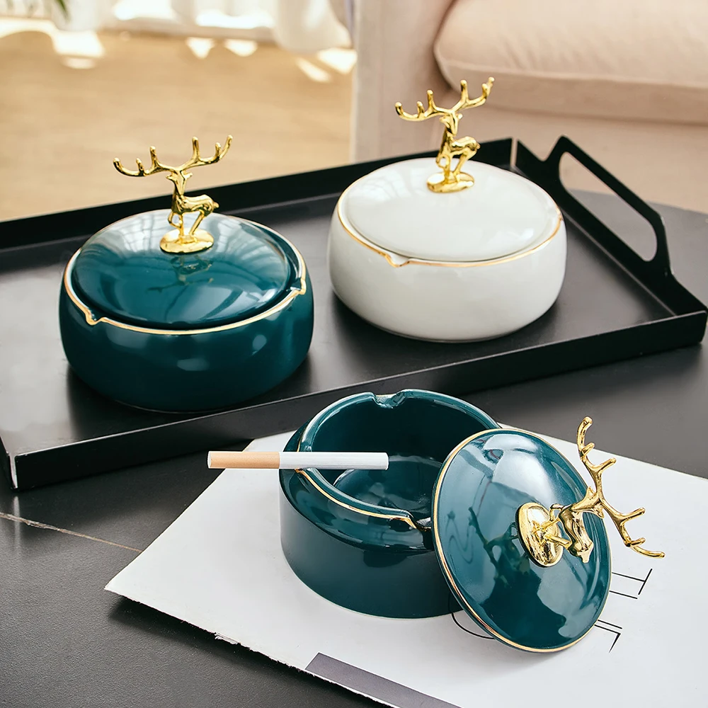 Home Decor Ceramic Ashtray Deer Cover Cute Portable Ashtray Living Room Office Desktop