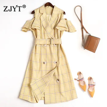 

High Quality Fashion Woman Dress Spring Summer 2020 New Turn Down Collar Off Shoulder Plaid Print Elegant Dress Casual