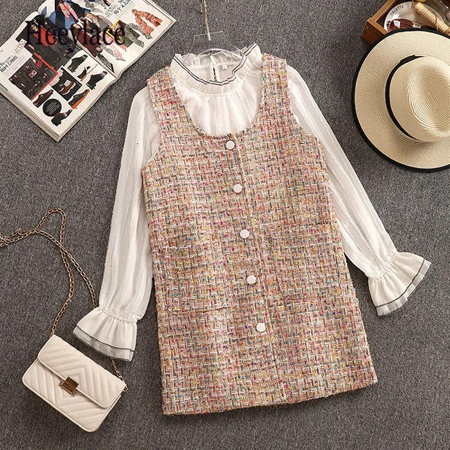 

2019 Autumn Winter Women Tweed Dress 2 Piece Set Women Ruffles Elegant Shirt+Plaid Sleeveless Tweed Vest Dress Female Set