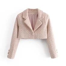

Pink Tweed Short Blazer 2021 Women Sweet Single Button Solid Colors Casual Office Blazer with Button Summer Work Commute Wear