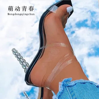 

Size 35-42 Fashion Women Pumps Sexy Strange Style High Heels Square Toe Sandals Mujer Transparents PVC Buckle Strap Party Pumps