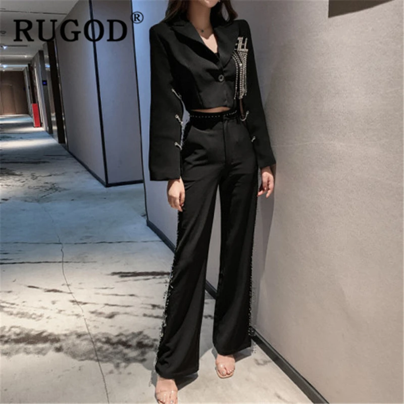 RUGOD новые осенние однотонные черные пиджаки для женщин Зубчатый тассель цепь женский брючный костюм с вышивкой бисером с завышенной талией модные femme chaqueta mujer