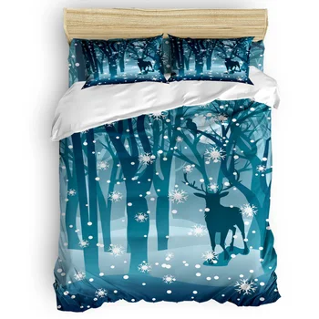 

Elk Snowflake Forest Silhouette Blue Christmas Printing Custom Bedding Set 3D Digital Printing Christmas Bedding Set US KING QUE