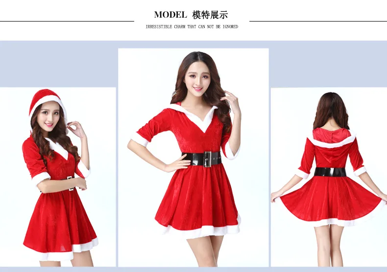 Christmas dress with belt Sexy womens Christmas costume Santa suit short sleeve plush warm fancy pleated dress