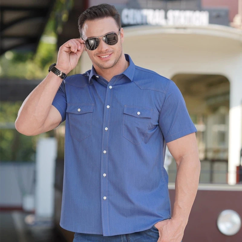 

summer high quality 10XL 12XL 11XL Large Size Men denim Shirt short Sleeve cotton oversize pockets cow boy loose Shirt 60 64