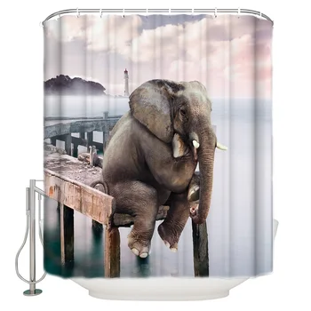 

Funny Elephant Thinking Elephant Sitting On The Dock Dock Sea Shower Curtain Decor with Hooks Waterproof